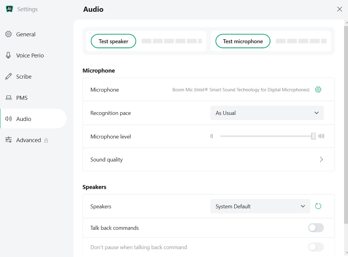 Denti.AI Settings, Audio tab