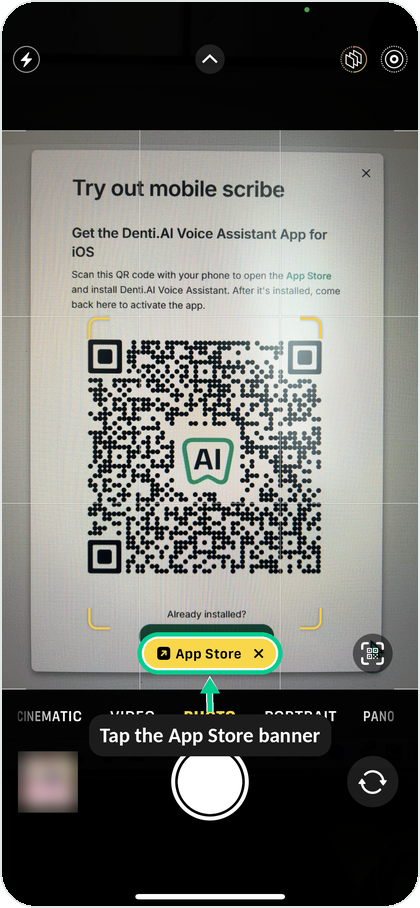 iPhone camera showing the App Store banner