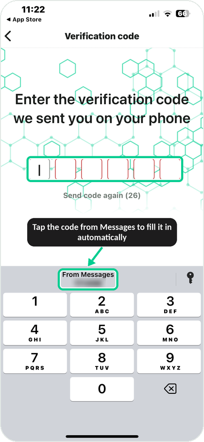 Verification code screen with code from Messages