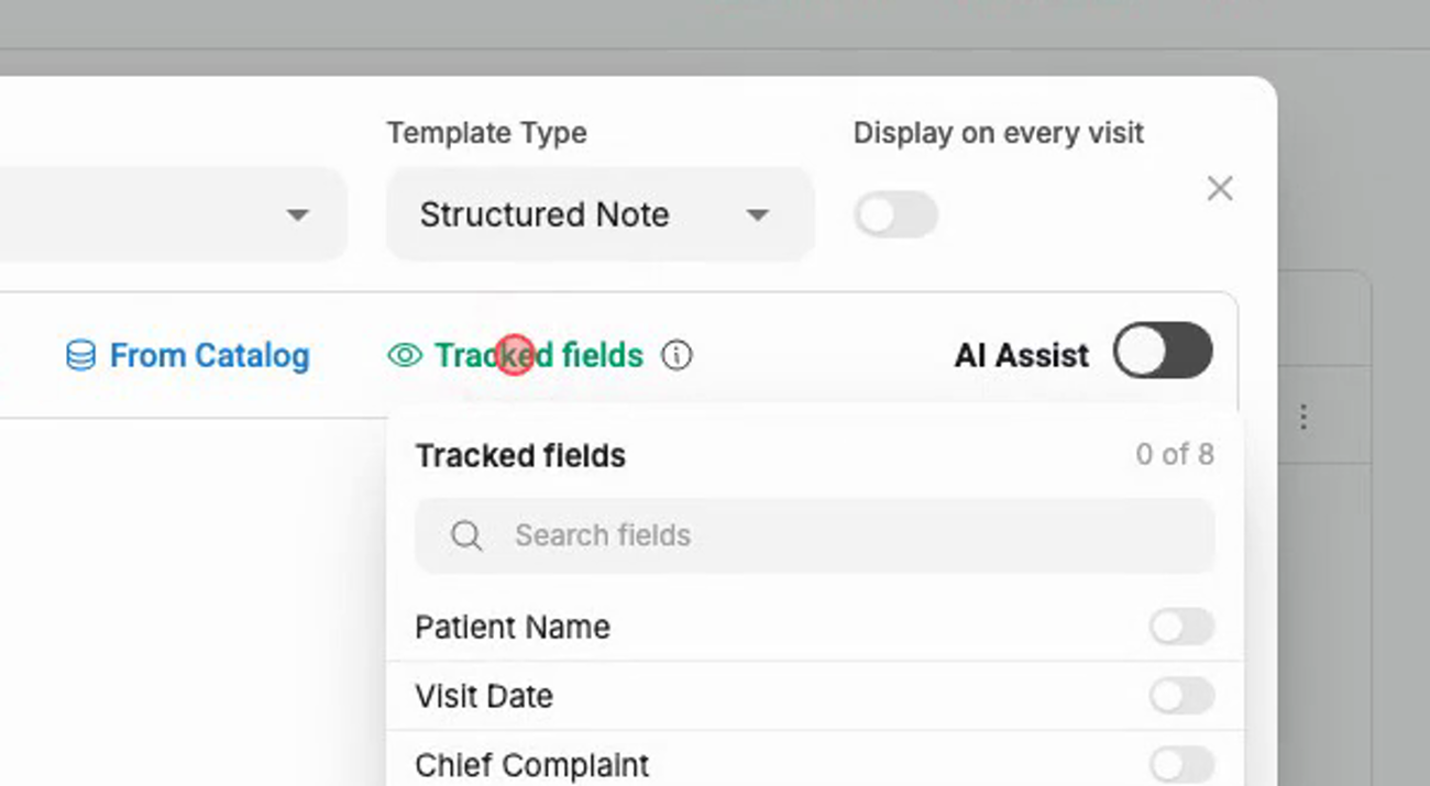 Tracked fields list open in the Template Editor