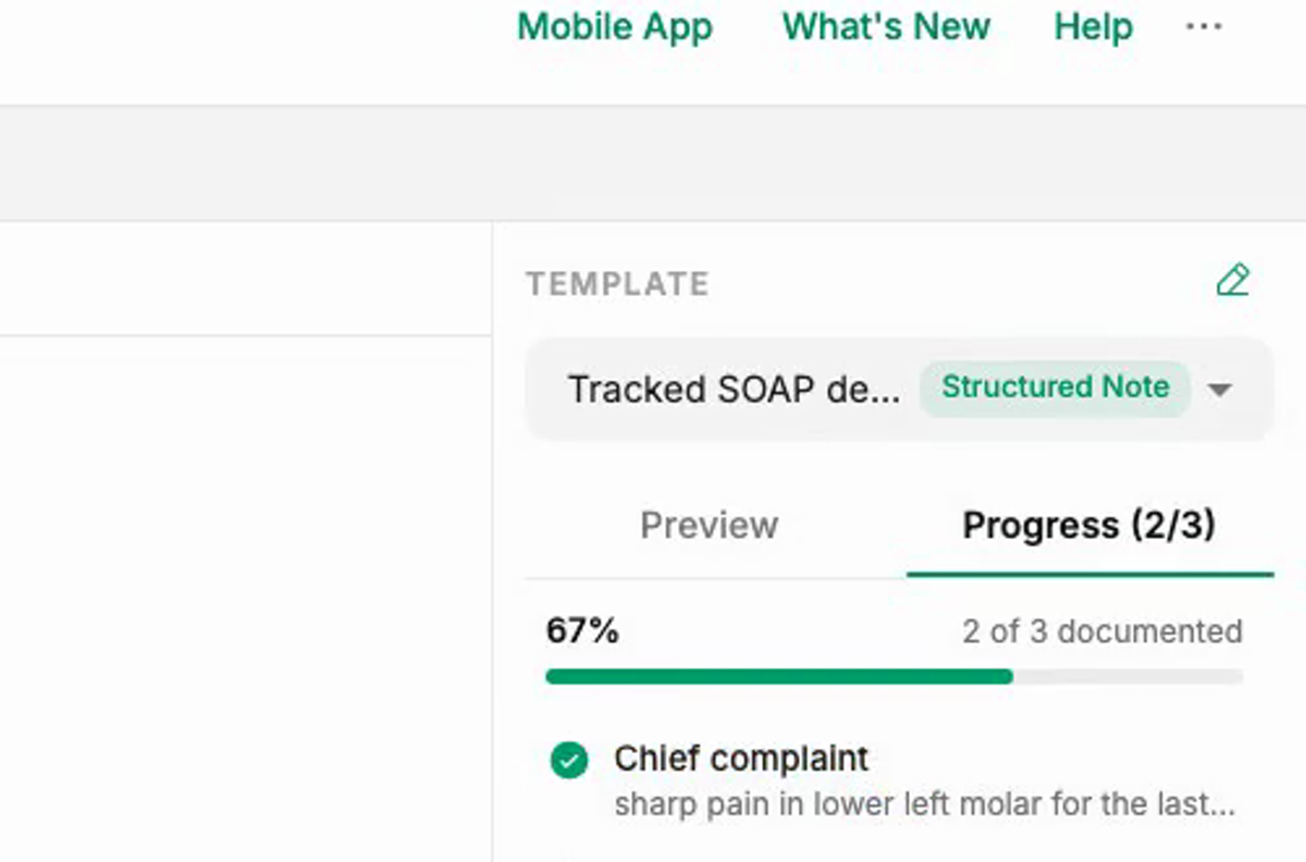 Progress tab showing 2 of 3 fields documented